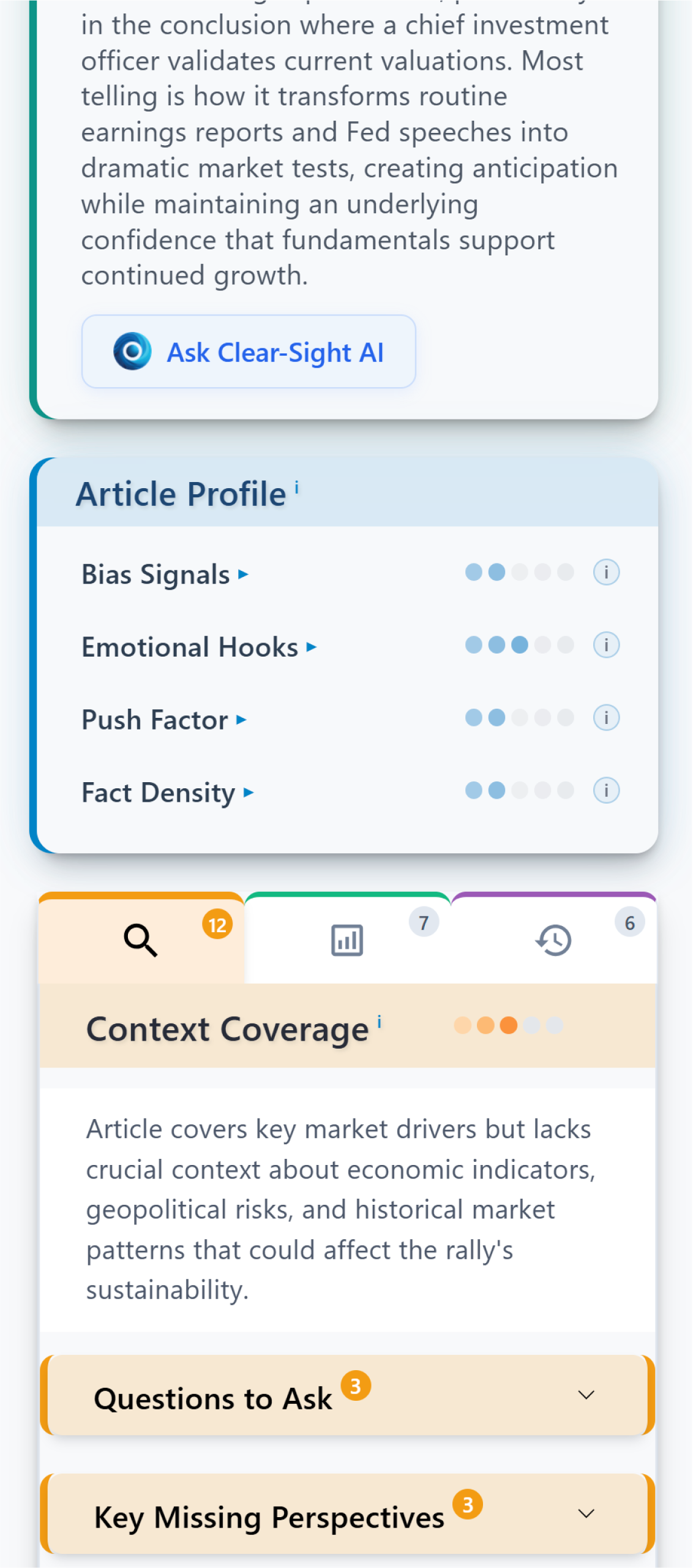 Clear-Sight analysis sidebar showing context and insights