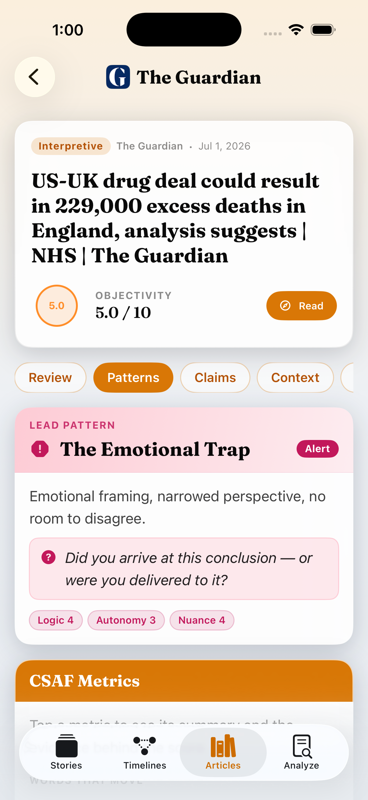 An article analysis showing a 5.0 out of 10 objectivity score and a flagged Emotional Trap lead pattern