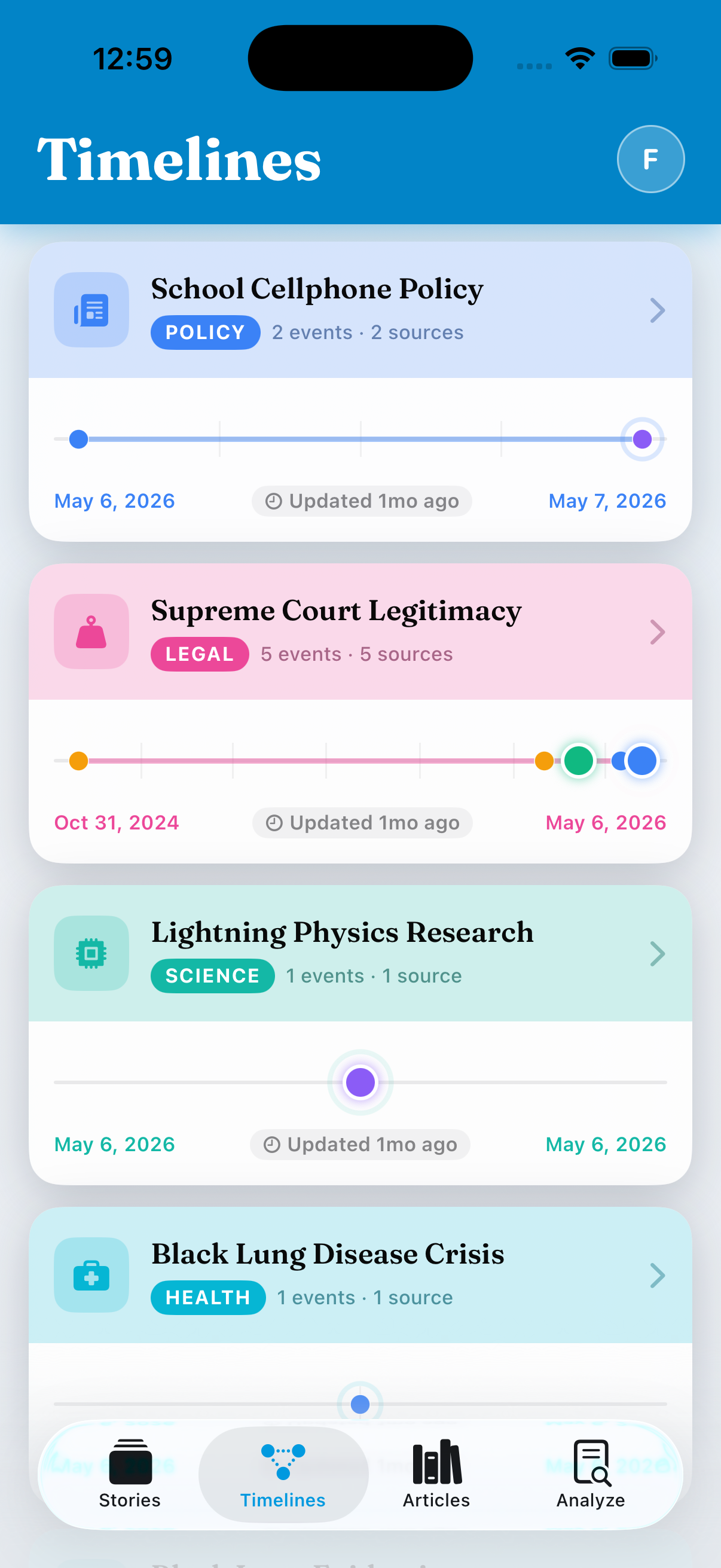 The Timelines tab listing followed storylines, each with its own timeline