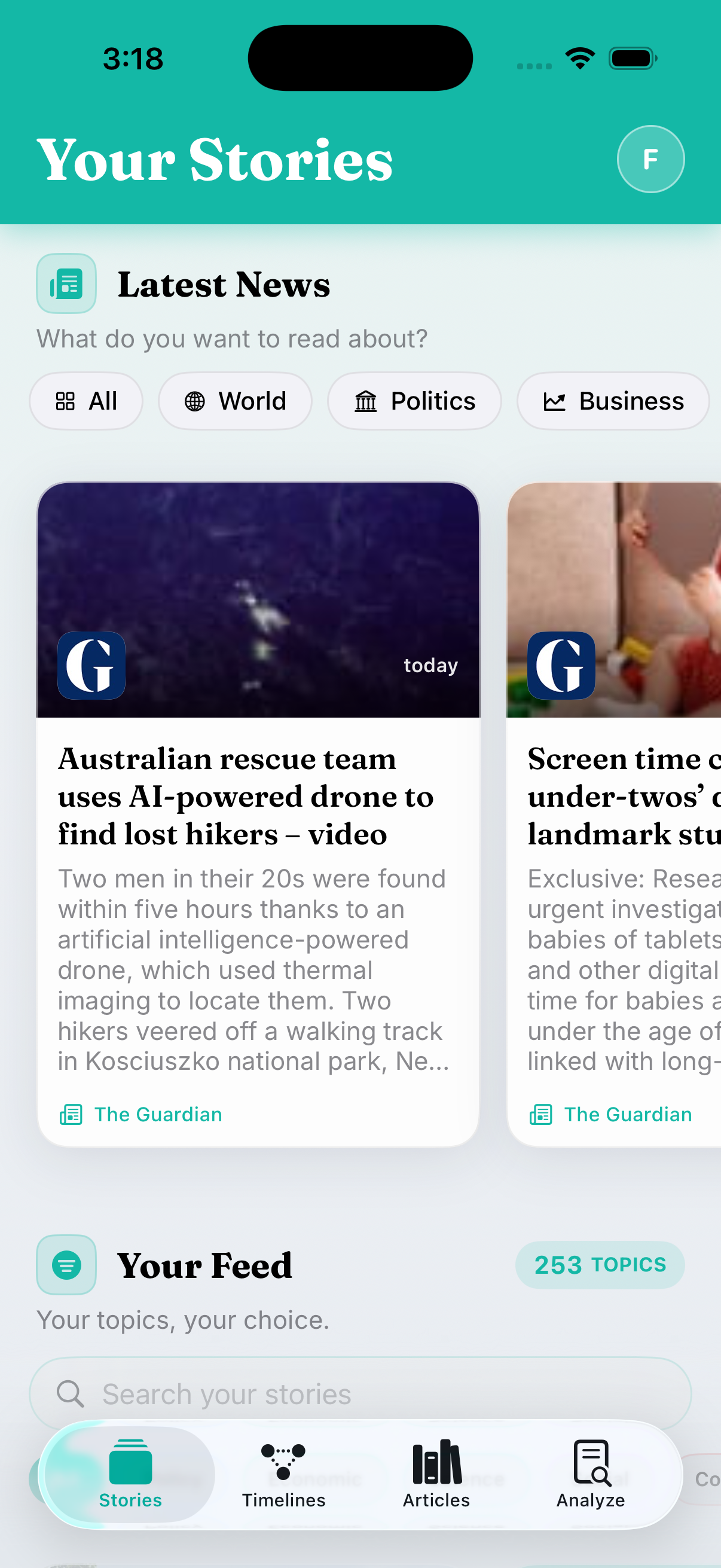 Clear-Sight Your Stories screen showing Latest News and followed topics