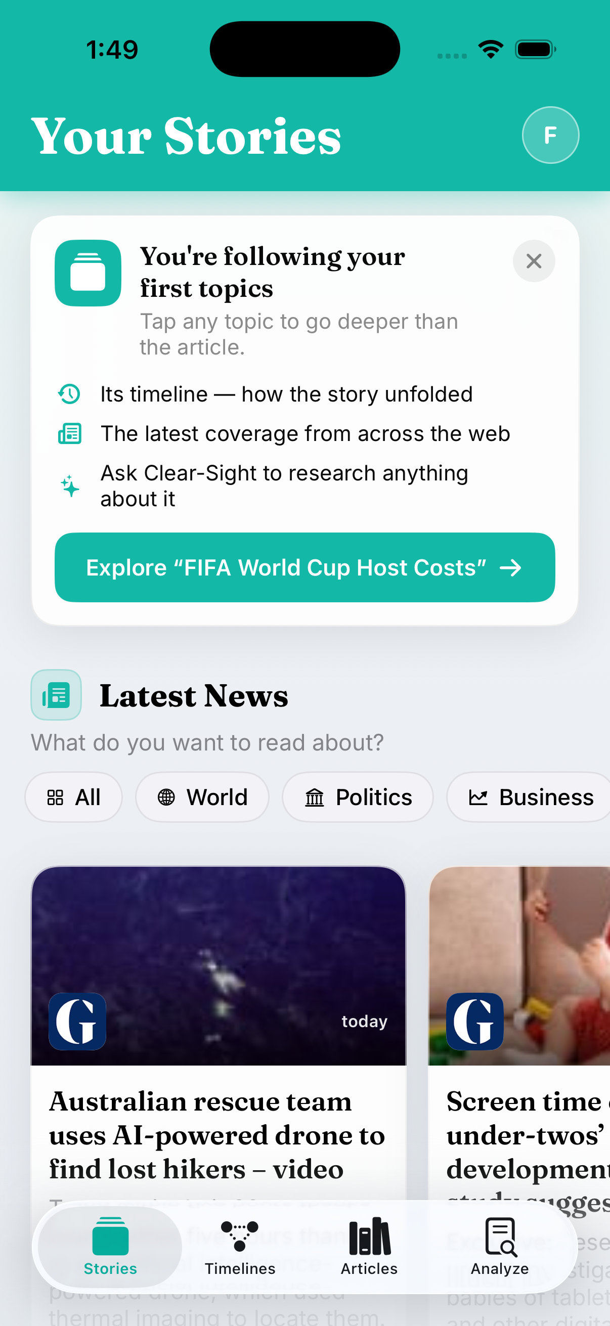 A storyline with its timeline, latest coverage, and an Ask Clear-Sight prompt