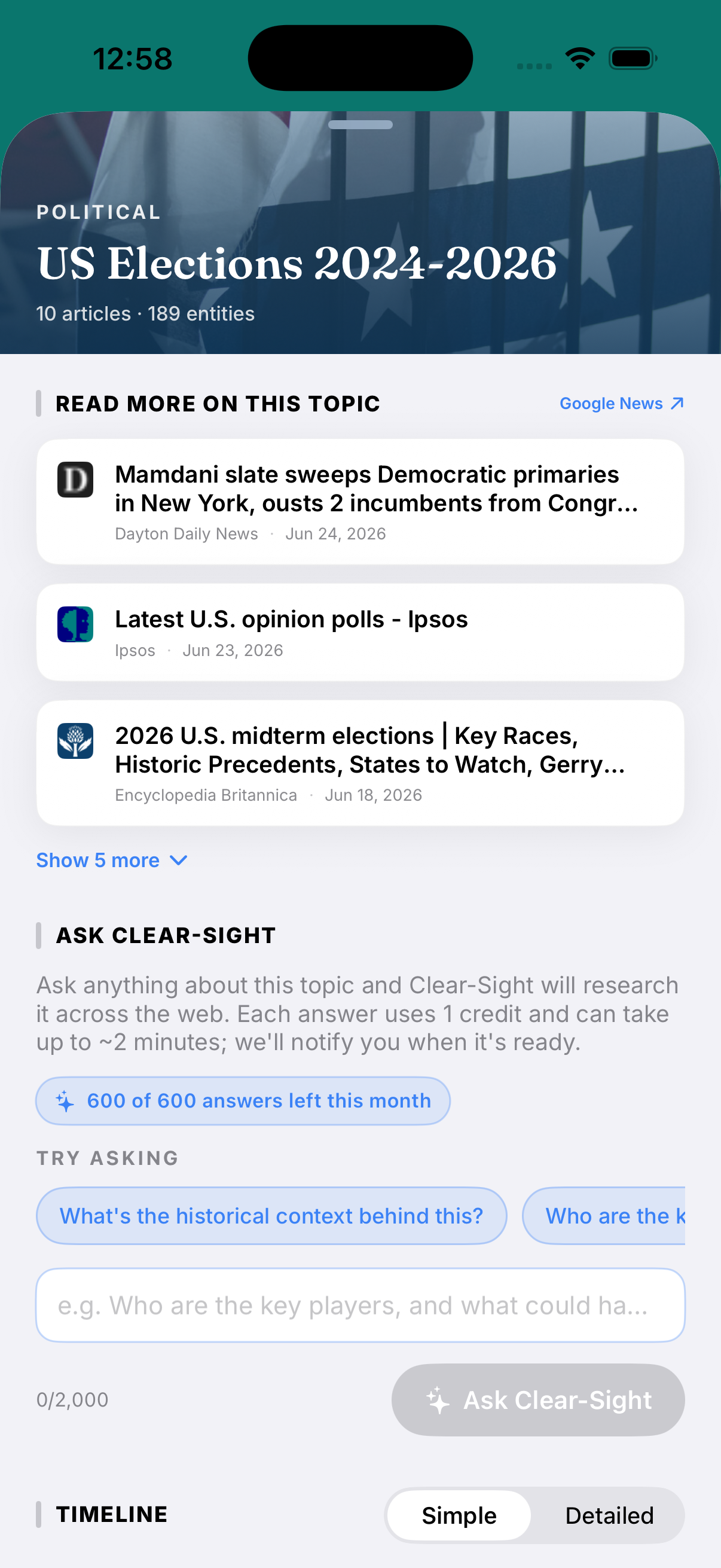 A topic page with related coverage from across the web and an Ask Clear-Sight research prompt