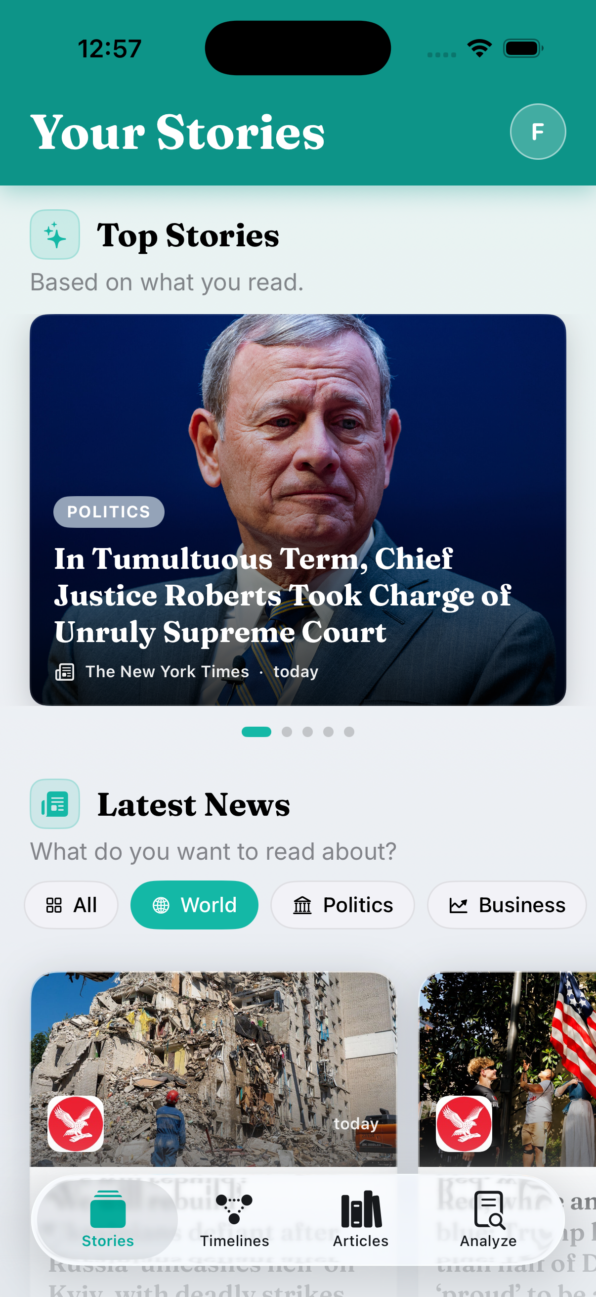 The Your Stories feed with Top Stories and Latest News, filtered by category