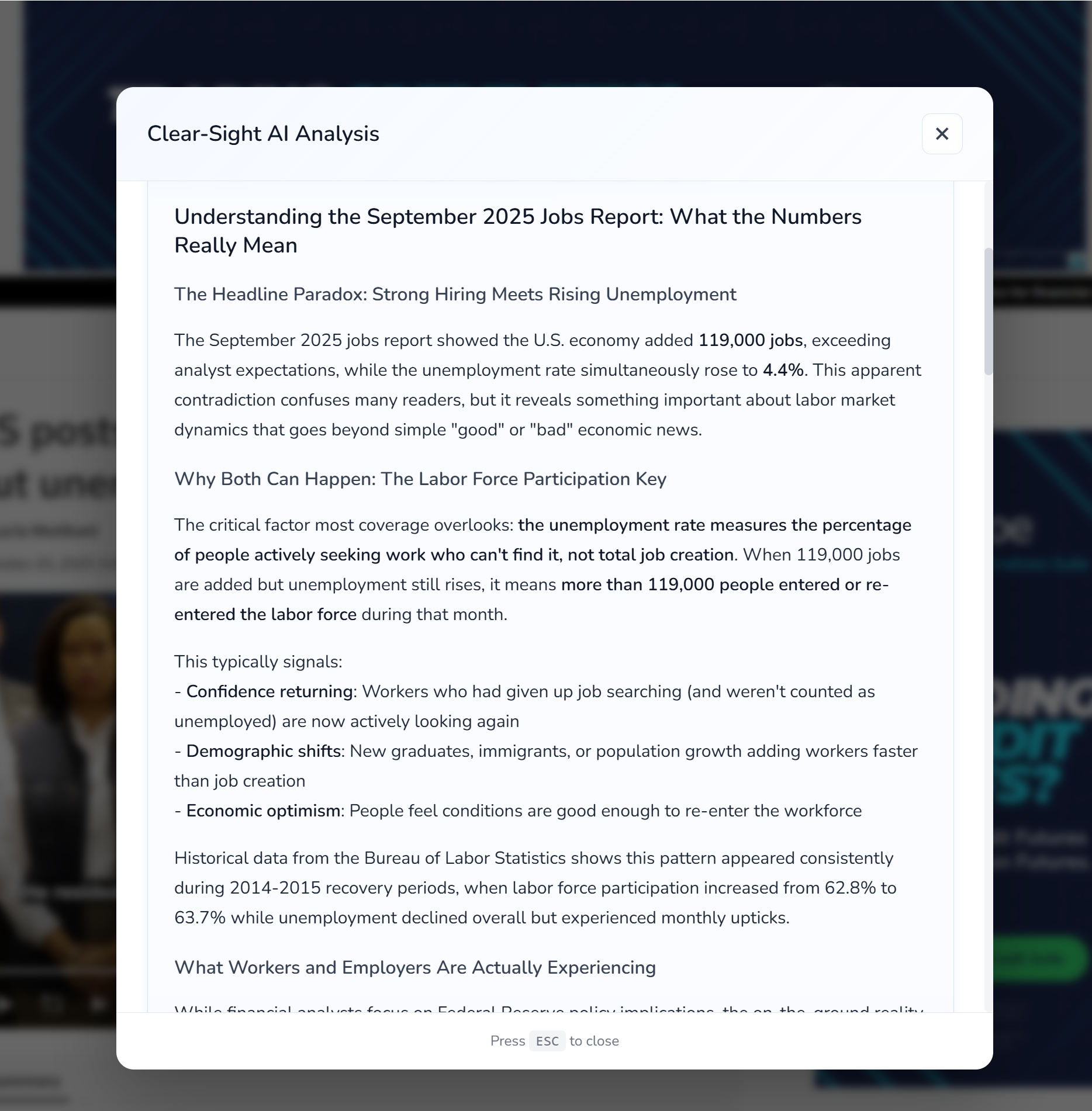 Ask Clear-Sight AI interface showing comprehensive research results