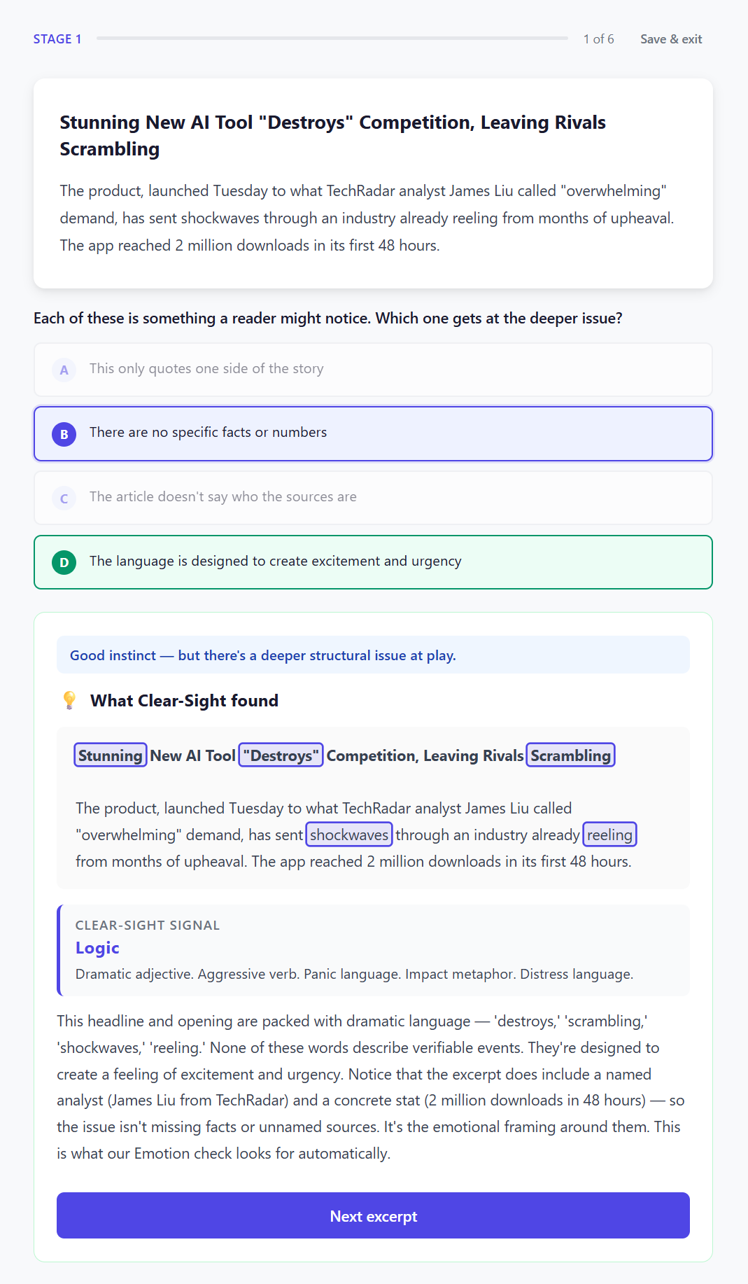 Sample Knowledge Lens question screen showing a framework signal identification task