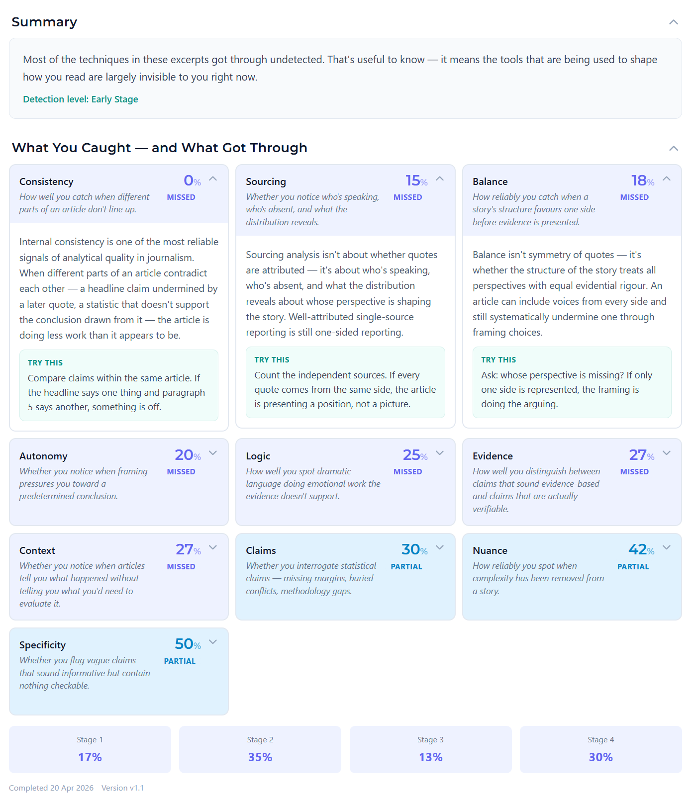 The Knowledge Lens quiz interface, showing a framework-grounded literacy question