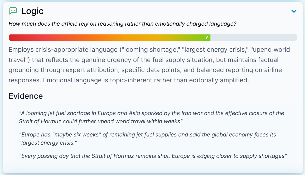 Example of the Logic metric showing a score, qualitative analysis, and direct evidence from the article