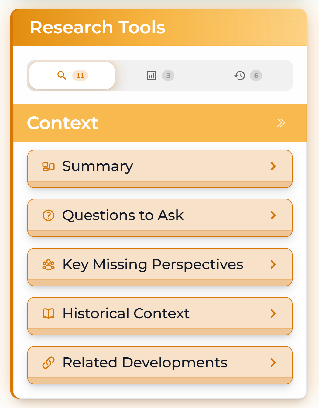 Clear-Sight Research Tools showing context, claims, timeline, and missing perspectives