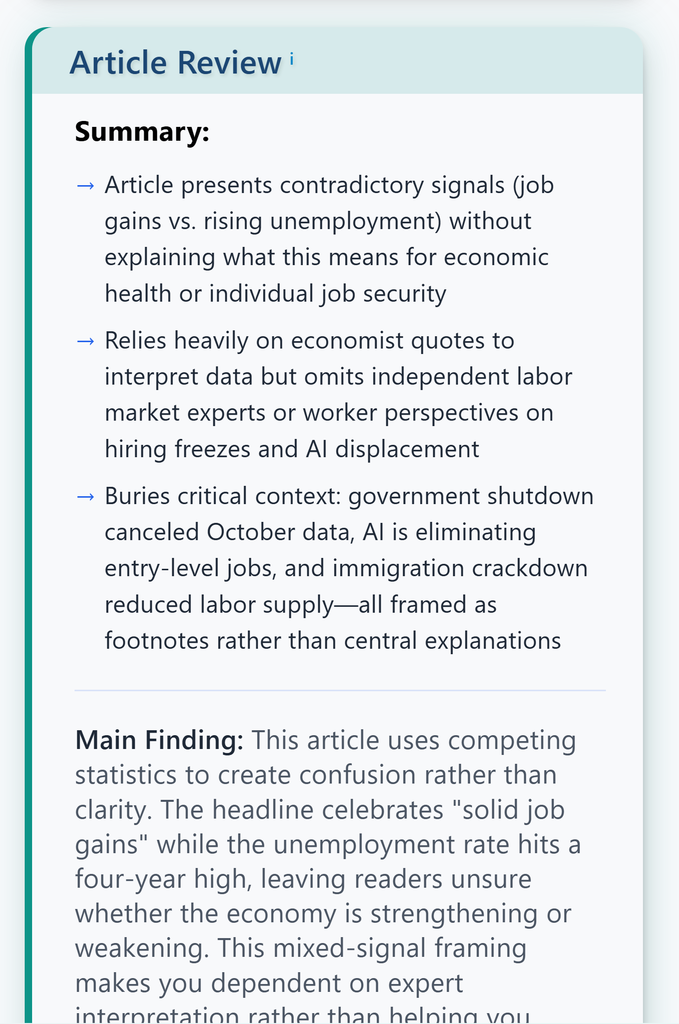 Article Review feature showing balance and depth analysis